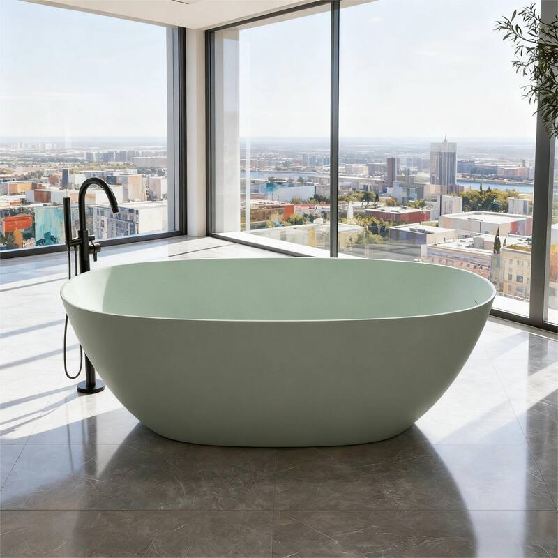 Luxury Solid Surface Freestanding Soaking Bathtub with Center Drain and Pop-up Drain, Modern Beige Tub with Overflow - 65.00 in. x 31.50 in. x 21.30 - Turquoise Green