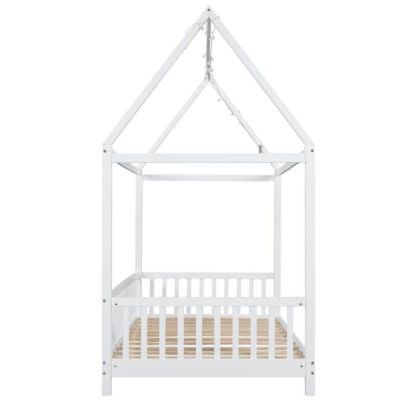Twin/Full Size Wood House Bed with Guardrail, Cute Kids Platform Bed Frame with LED Lights