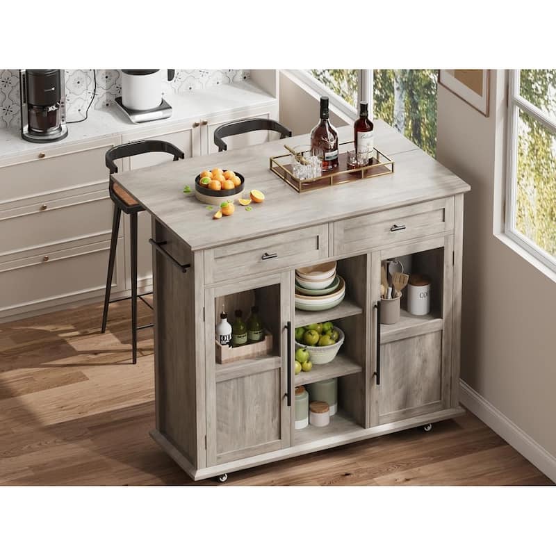 Kitchen Island, Rolling Kitchen Island Cart On Wheels With Widen Drop Leaf Top, 2 Glass Doors, Spice Rack & Towel Holder