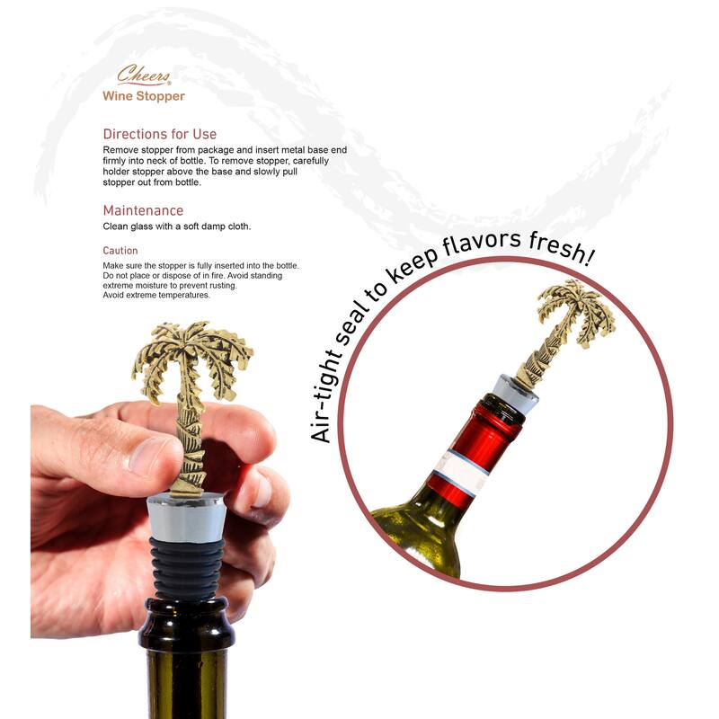 Cheers Gold Palm Tree Metal Wine Stopper, Elegant Vacuum Seal Reusable - 5 inches