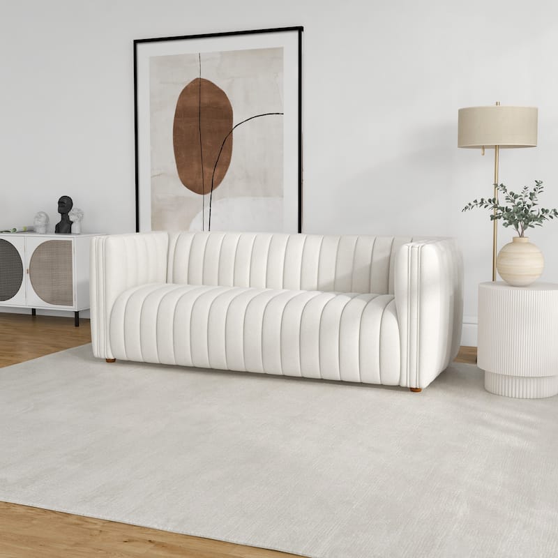Rasam Mid Century Modern Luxury Tight Tufted Back French Boucle Couch in Cream