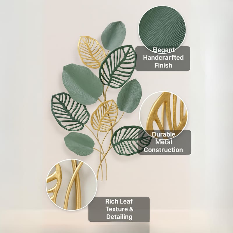Vertical Multicolored Leaf Metal Wall Art Green Gold Decor 35"x24"