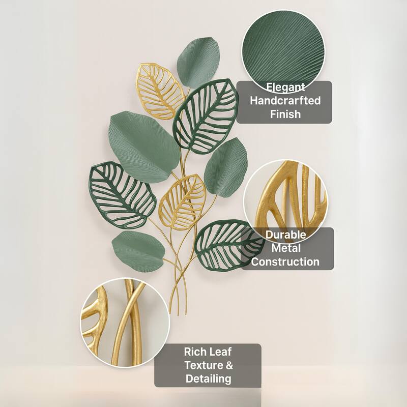 Vertical Multicolored Leaf Metal Wall Art Green Gold Decor 35"x24"