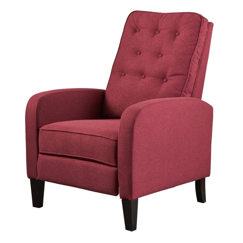 Push Back Recliner Chair, Birch Wood Legs, Red Button Tufted Polyester