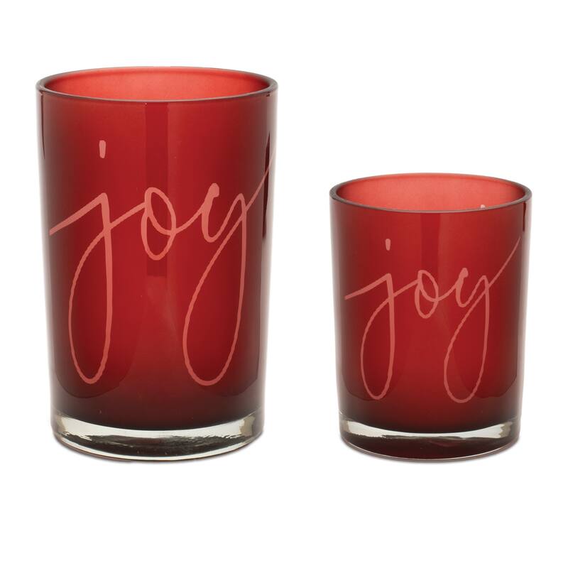 Red Glass Painted Candle Holders Set of 2 with Joy Message for Pillar and Votive Use - 4.5” x 4.5” x 7” (L x W x H) - Red