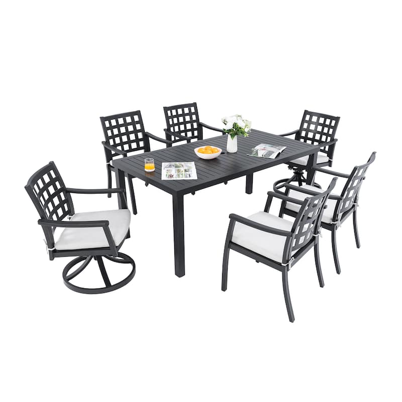 7 Piece All Weather Aluminum Patio Dining Furniture Set with Rectangular Table and 6 Chairs (4 Stationary, 2 Swivel Rockers) - Ember Black