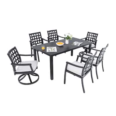 7 Piece All Weather Aluminum Patio Dining Furniture Set with Rectangular Table and 6 Chairs (4 Stationary, 2 Swivel Rockers)