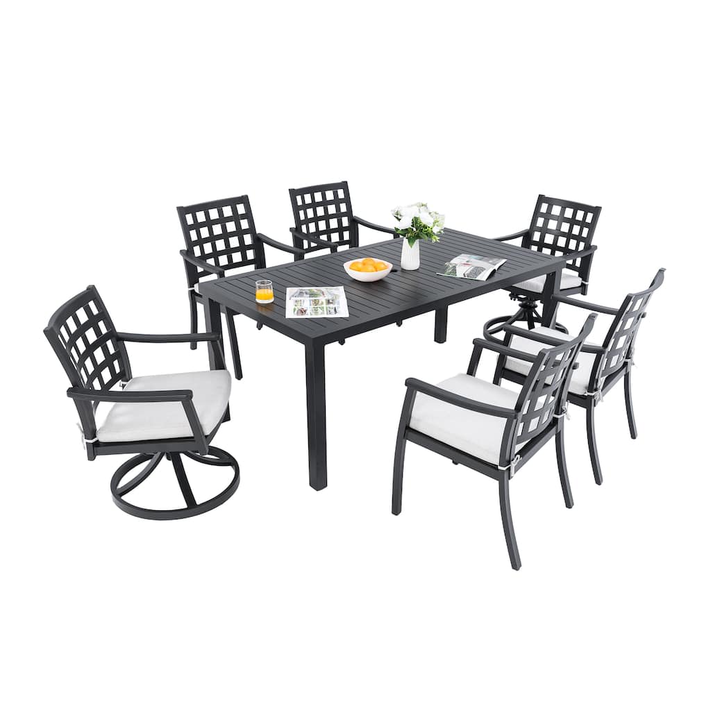 7 Piece All Weather Aluminum Patio Dining Furniture Set with Rectangular Table and 6 Chairs (4 Stationary, 2 Swivel Rockers)