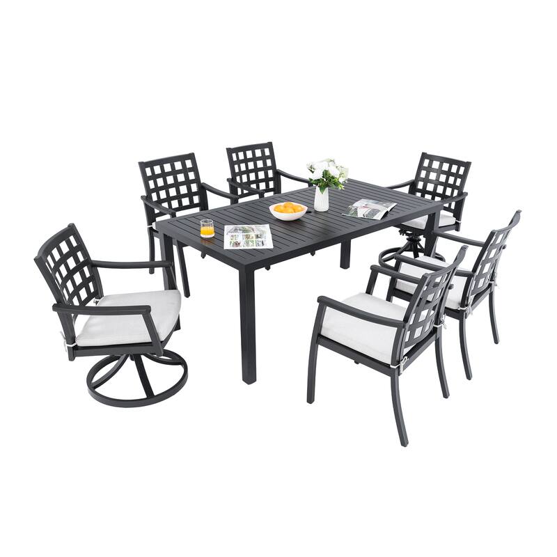 7-Piece Outdoor Dining Set with Aluminum Rectangular Table and 4 Dining Chair Backyard Dining Set with 2 Swivel Chairs & Cushion