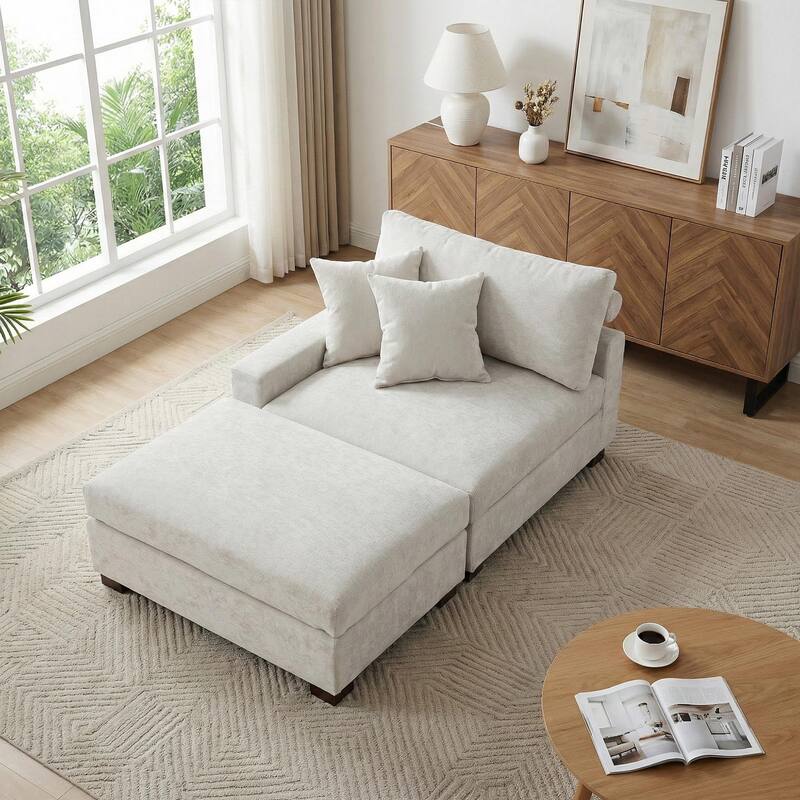 Modern Chenille Chaise Lounge Set with Ottoman