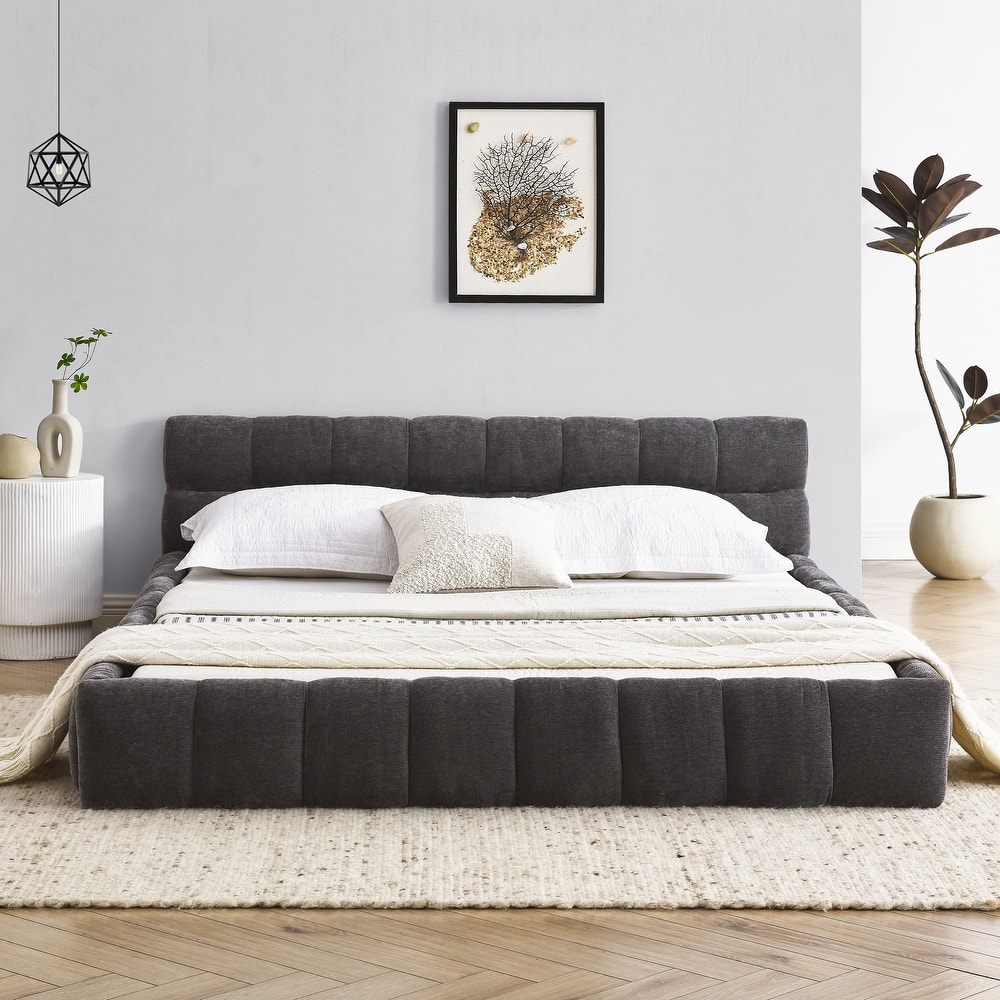 Queen Upholstered Grounded Bed Frame, Chenille Fabric Floor Platform Bed with Tufted Headboard and Solid Frame