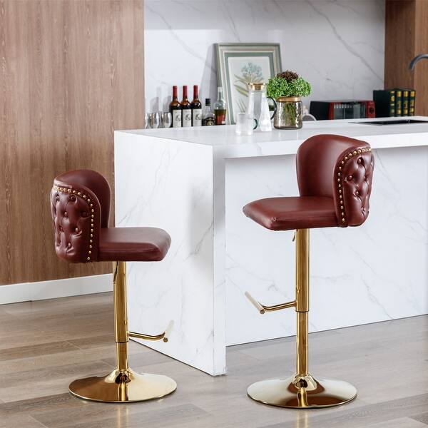 slide 2 of 49, Modern PU Upholstered Bar Stools Set of 2, Adjustable Seat Height Swivel Bar Chair, Tufted Backrest Rivet Decorative Bar Stool Burgundy