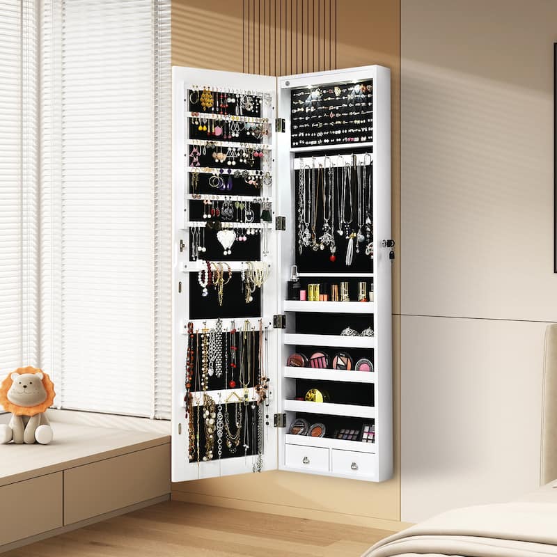 LED Lights Wall and Door Mounted Jewelry Storage Lockable Cabinet with Full Length Mirror - 14" x 4" x 54.5" (L x W x H)