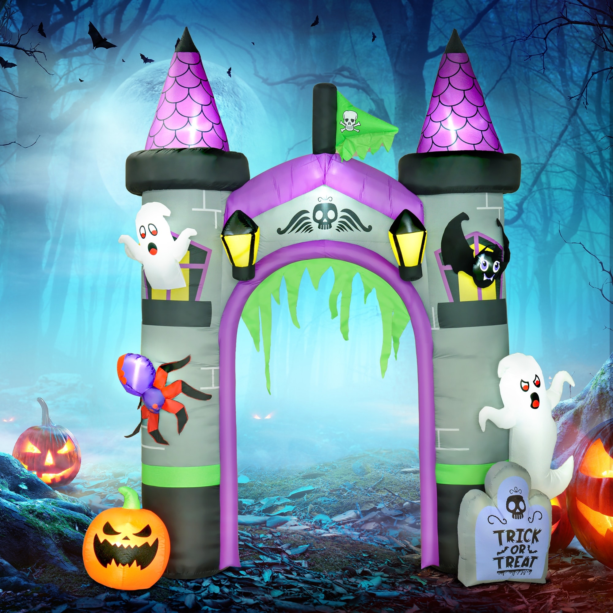 Outsunny 12ft LargeHalloween Inflatable Archway, Blow up Castle with Ghost, Pumpkin, Spider, Outdoor LED Yard Display