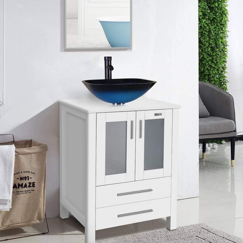 24" Bathroom Vanity White Set Glass/ Ceramic Vessel Sink Cabinet Faucet Drain Free Standing Combo