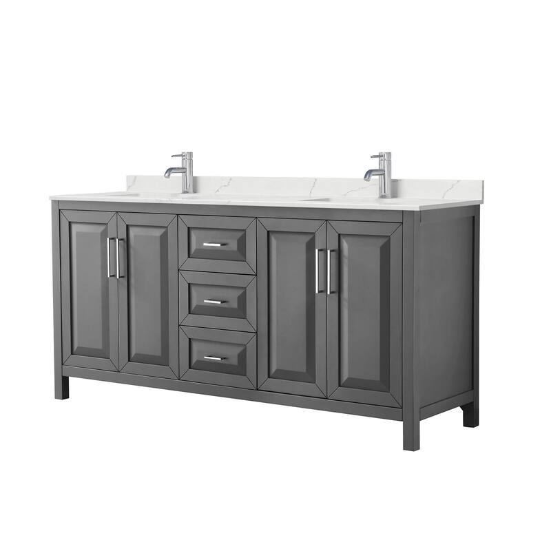 Daria 72-inch Double Vanity, Single Hole Quartz Top - Dark Gray, Chrome Trim, Giotto Quartz Top
