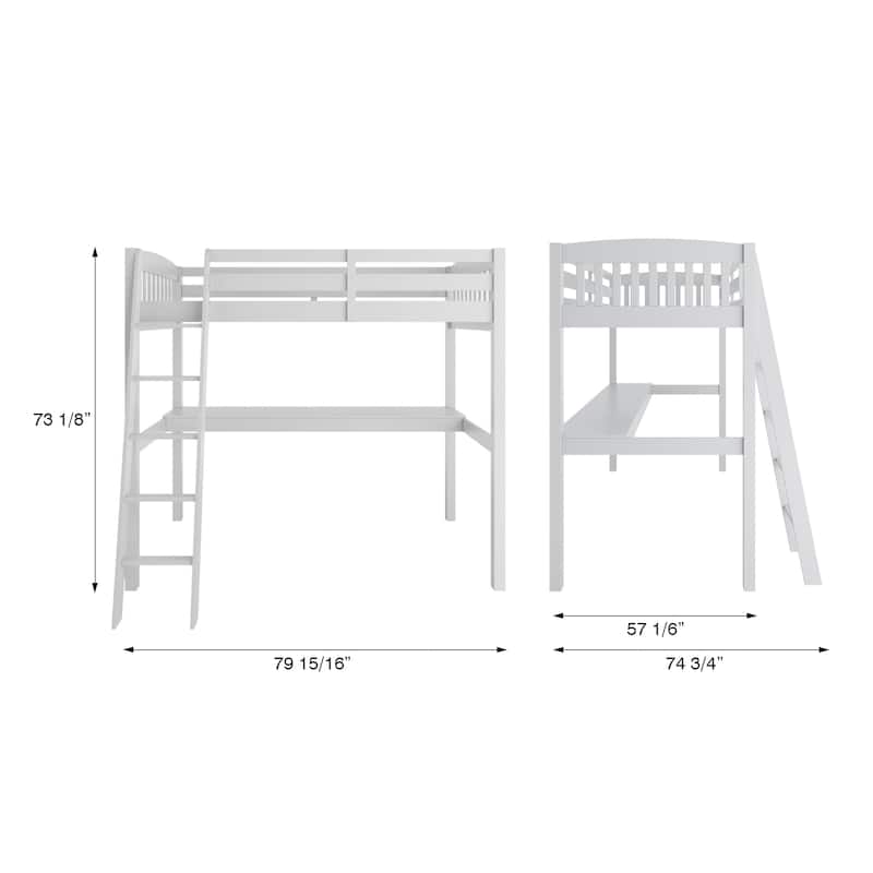 Everest High Loft Bed with Built In Desk, Heavy Duty Solid Wood Loftbed Frame with Ladder and Safety Guardrail