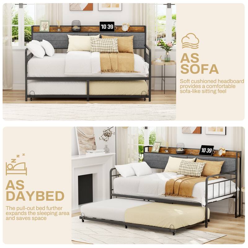 Twin Size Daybed with Trundle, Upholstered Storage Headboard, Charging Station, Black