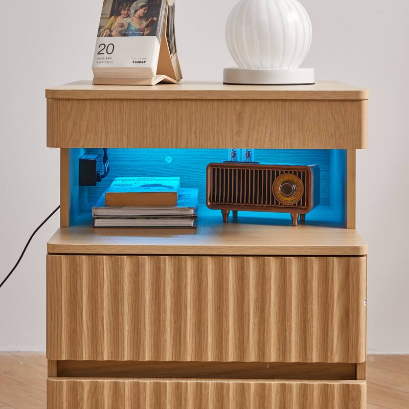 Modern Bedside Table with Gun Drawer,Bedside Table with Charging Station, 2 Drawers and Open Shelf,Side Table for Bedroom