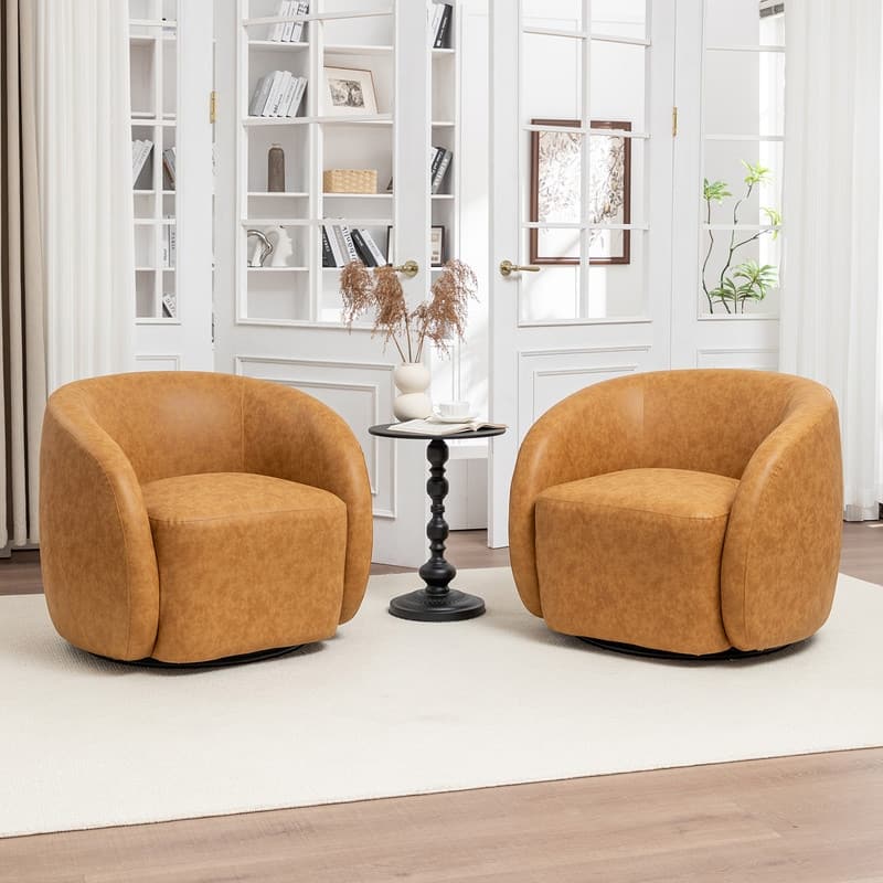 SEYNAR Modern Glam PU Leather 360 Degree Swivel Accent Armchair Set of 2 - Mustard