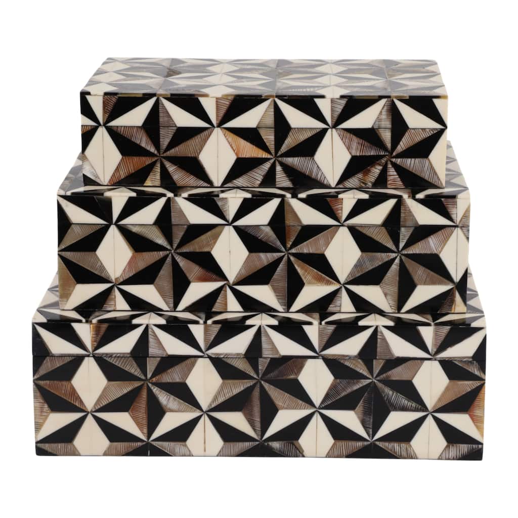 Polyresin Wood Storage Box Casual (Set of 3) - 4" Ivory/Black - 12" x 8" x 3.5"
