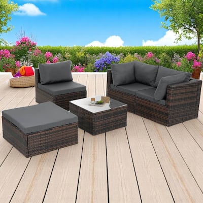 5-Piece Patio Furniture Set with PE Wicker Furniture set, Tempered Glass Table, Cushions with Zipper,Outdoor Furniture set