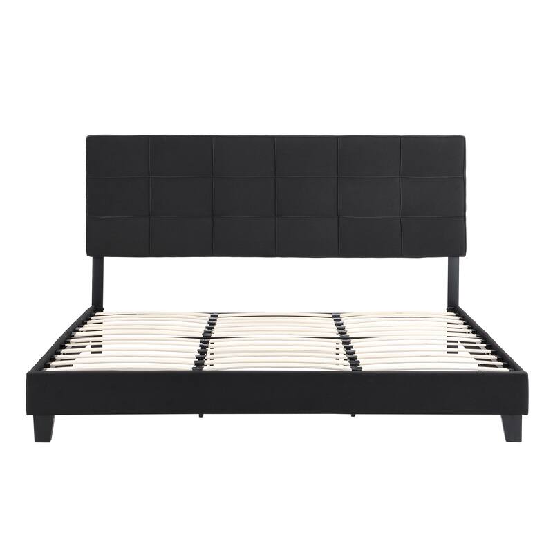 Black King Size Upholstered Bed with Linen Fabric Headboard