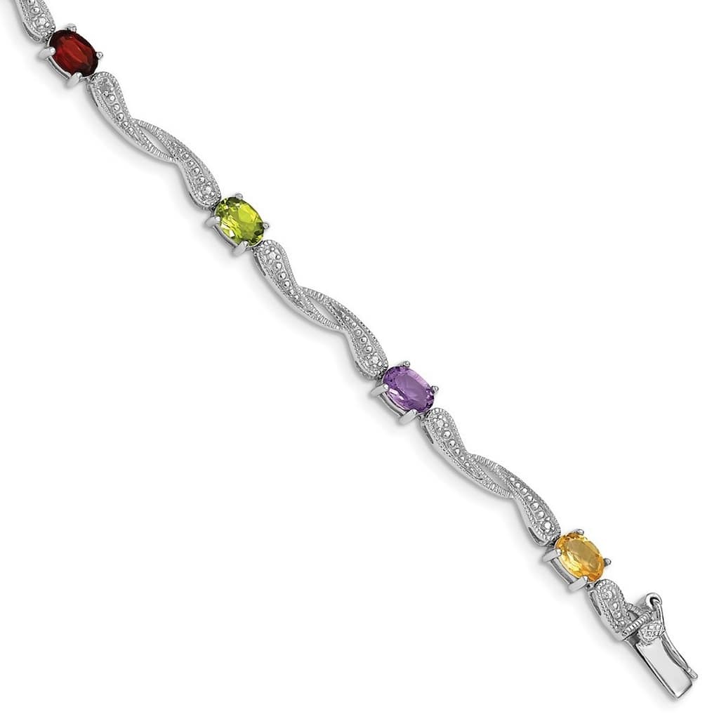 Curata 925 Sterling Silver Textured Polished Box Catch Closure Diamond Multi colored Gemstone Bracelet