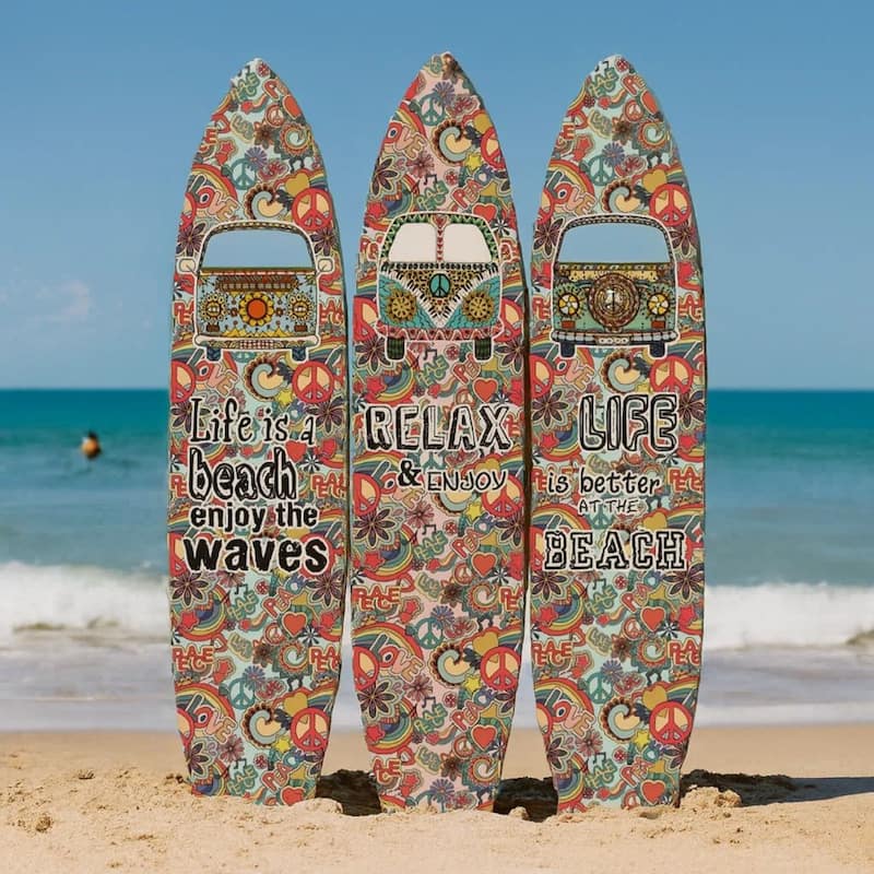 Beach Themed Surfboard Shaped 3 Panel Room Divider, Multicolor