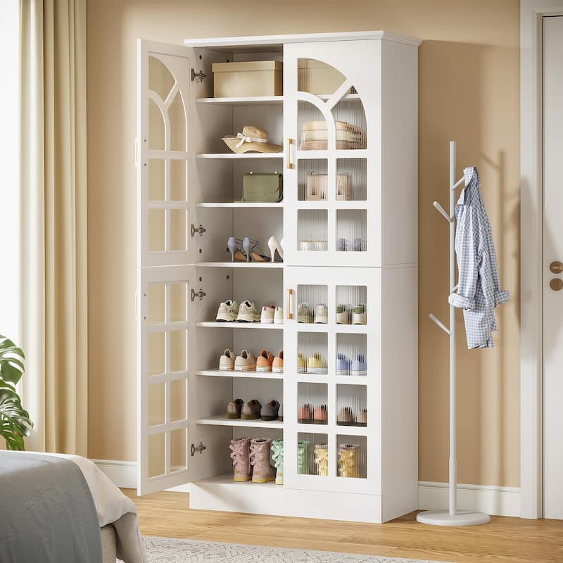 8-Tier Tall Shoe Storage Cabinet with Doors, Led Lights and Adjustable Shelves for Entryway, White