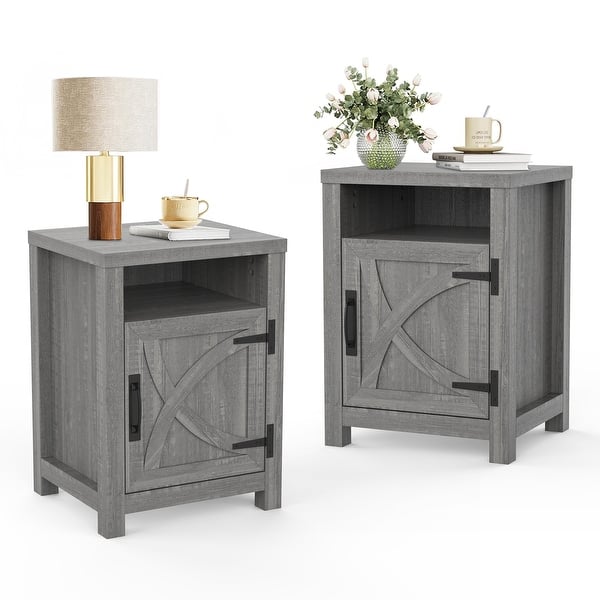 slide 2 of 9, Farmhouse Grey Barn Door Nightstand Bedside Table Set of 2 with Open Compartment