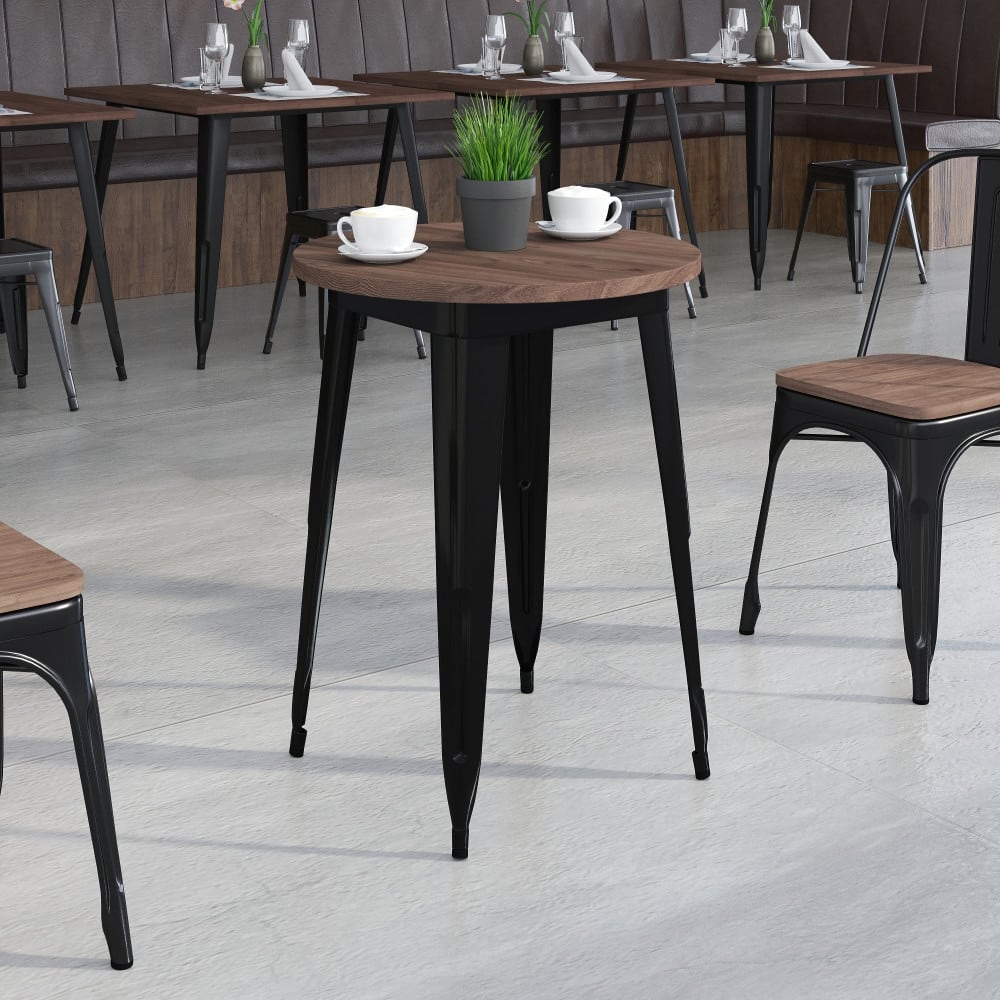 24" Round Metal Indoor Table with Rustic Wood Top - 24"W x 24"D x 30.5"H - 24"W x 24"D x 30.5"H