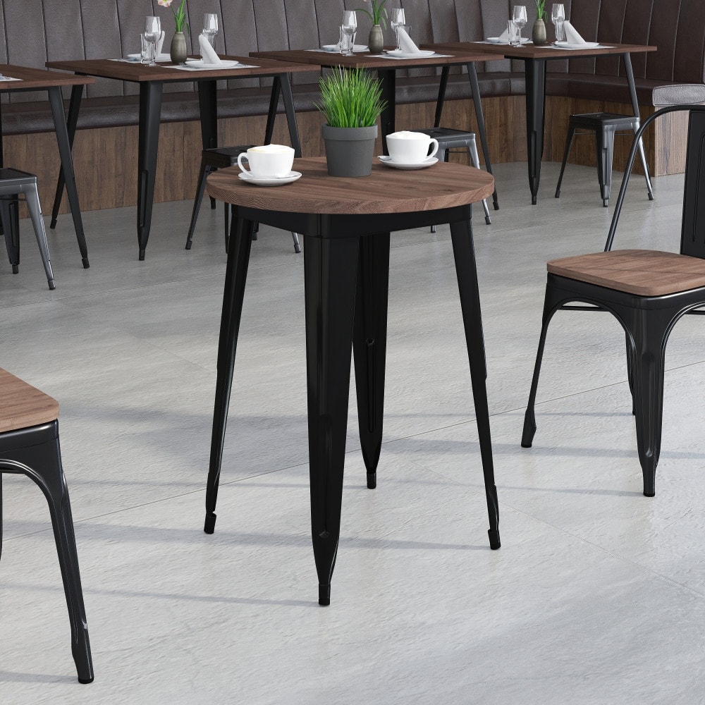 24" Round Metal Indoor Table with Rustic Wood Top - 24"W x 24"D x 30.5"H - 24"W x 24"D x 30.5"H