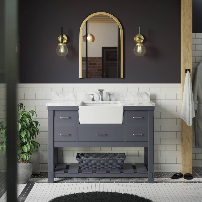KitchenBathCollection Charlotte 48" Farmhouse Bathroom Vanity with Carrara Marble Top - Marine Gray