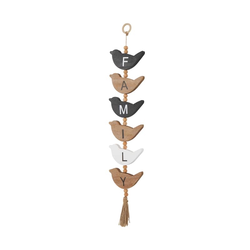 Brown or Black Wood Handmade Family Sign Bird Wall Decor with Tassel and Bead Accents