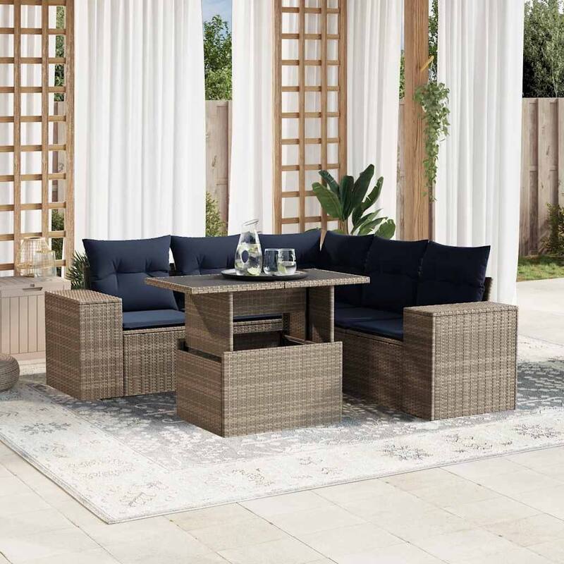 vidaXL Patio Sofa Set with Cushions Table and Couches 6 Piece Poly Rattan - 24.4" x 24.4" x 27.2" - Gray