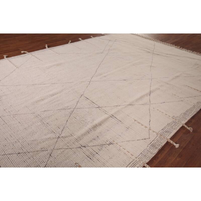 All-Over Ivory Moroccan Modern Area Rug Hand-Knotted Wool Carpet - 8'7"x 12'7"
