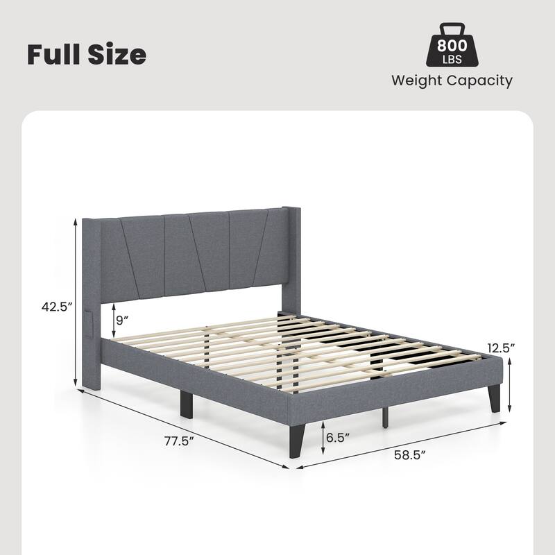 Bed Frame with Wingback Headboard and Wood Slat Support
