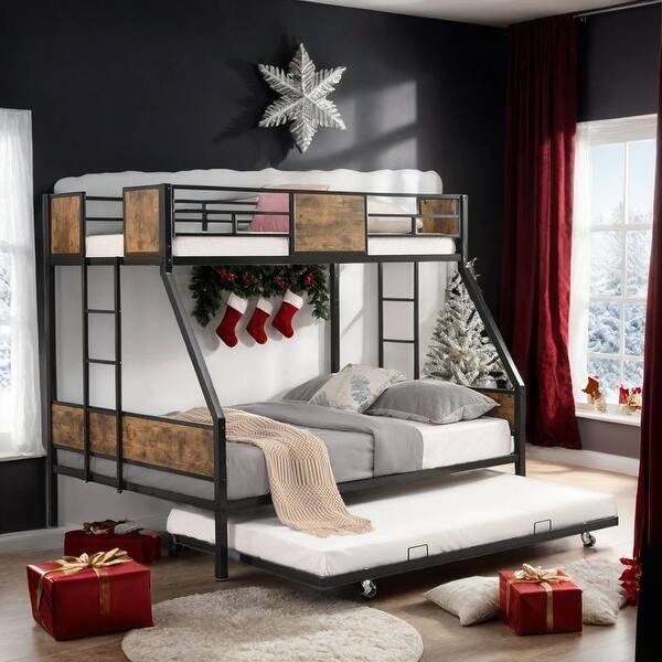 slide 2 of 19, Metal Twin over Full Bunk Bed with Trundle, 2-Side Ladder and Full-Length Guardrail, Large Under Bed Storage, Black & Brown Brown