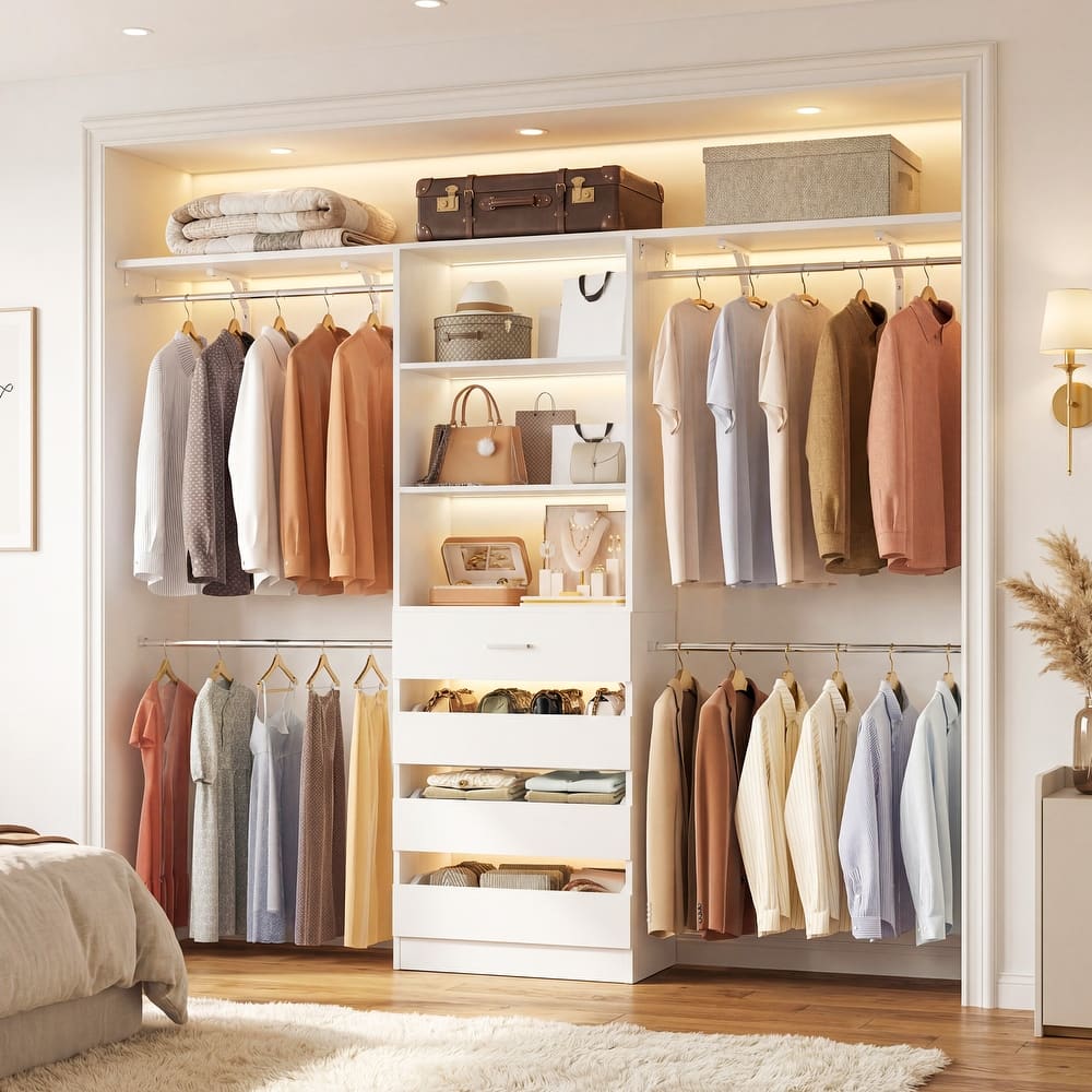 96'' Closet Organizer System with Wood Drawers, Wardrobe with Storage Shelves and 4 Hanging Rods