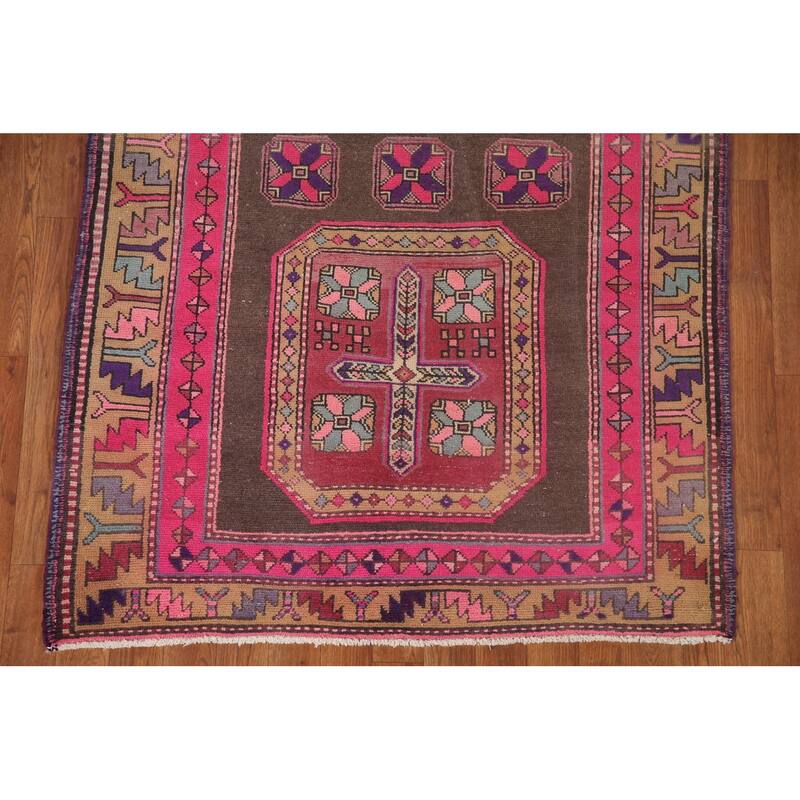 Ardebil Persian Vintage Runner Rug Handmade Geometric Wool Carpet - 3'8" x 10'6"