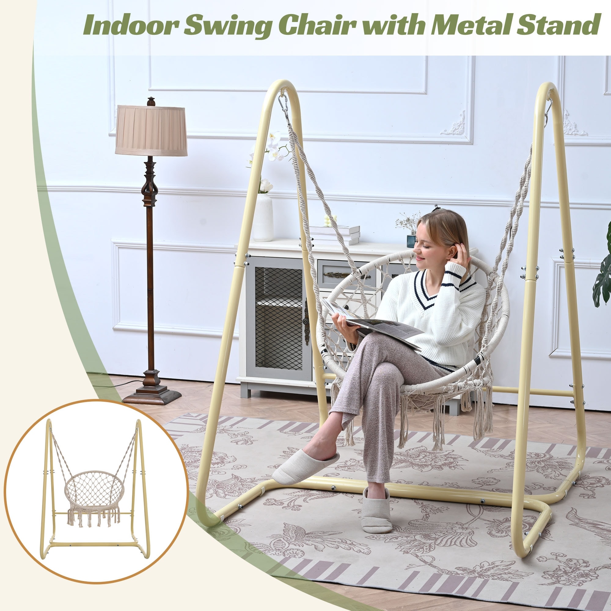 Swing Chair Handmade Macrame Swing Hammock Chair with Stand Outdoor Leisure Vacation Courtyard Hanging Chairs Cream Color
