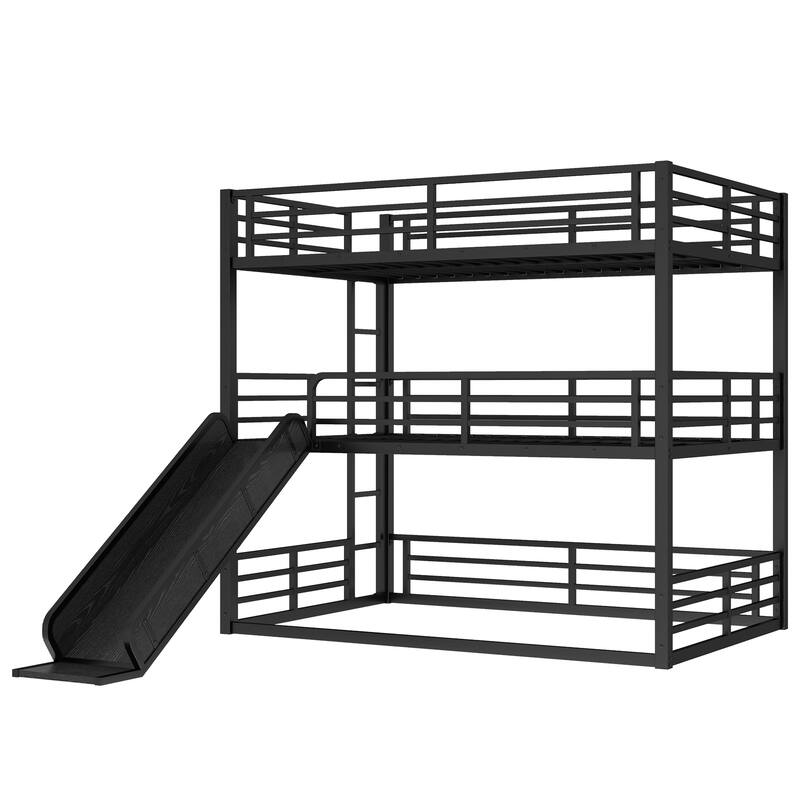 Roomfitters Twin/Full/Queen Metal Triple Bunk Bed with Slide, Safety Guardrails, Heavy-Duty Noise-Reduced Frame, Black