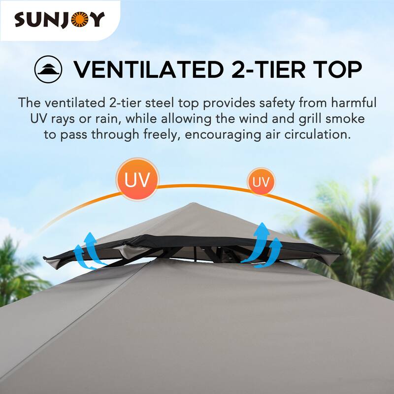 Sunjoy 5 Ft. x 8 Ft. Black Steel 2-Tier Grill Gazebo with Gray and Black Canopy