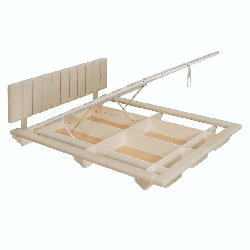 Queen Size Upholstered Floating Bed with LED Light and USB Port