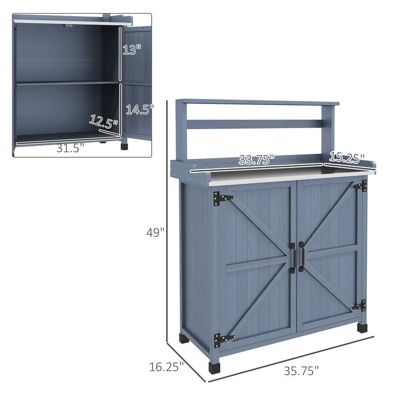 Potting Bench, Wooden Potting Table with Storage Cabinet with 2 Shelves, Garden Work Bench with Galvanized Plated Tabletop