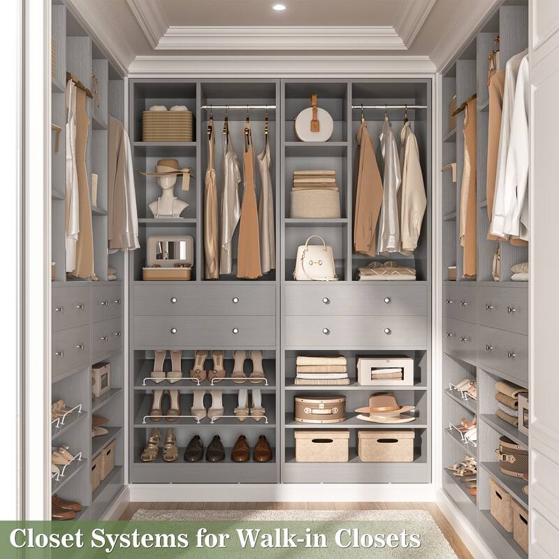 27.7'' Closet Organizer with Shoe Racks and Drawers, Closet System with Hanging Rod and Adjustable Shelves