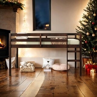 Low Height Platform Bed with Strengthened Slats, Wooden Twin size Loft Bed with Ladder