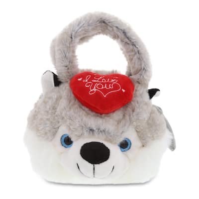 DolliBu I LOVE YOU Super Soft Plush Husky Handbag with Red Heart - 7.5 inches long