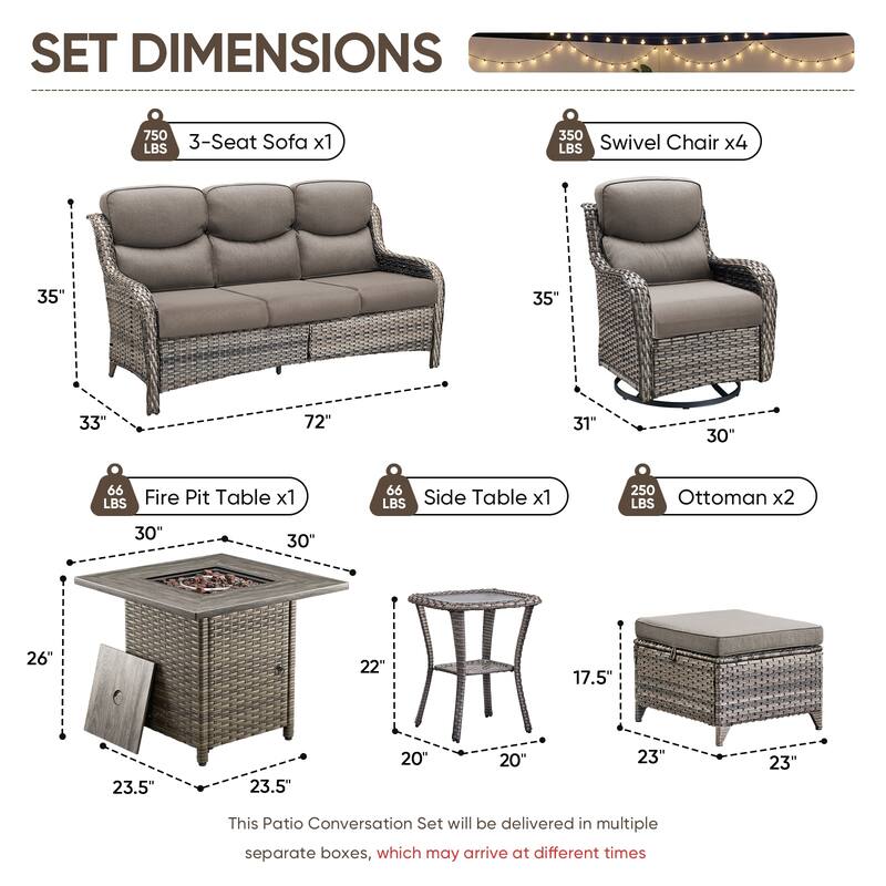 Pocassy Outdoor Propane Fire Pit Table with Sofa Swivel Chair Funiture Set.